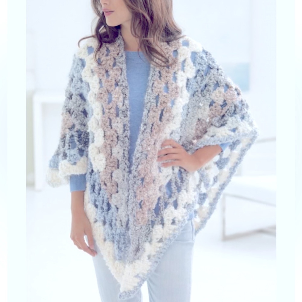 Crochet Poncho in Blue and Cream